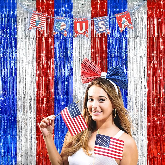 TONIFUL Red White and Blue Tinsel Foil Fringe Curtains, 4th of July Decorations - Image 6