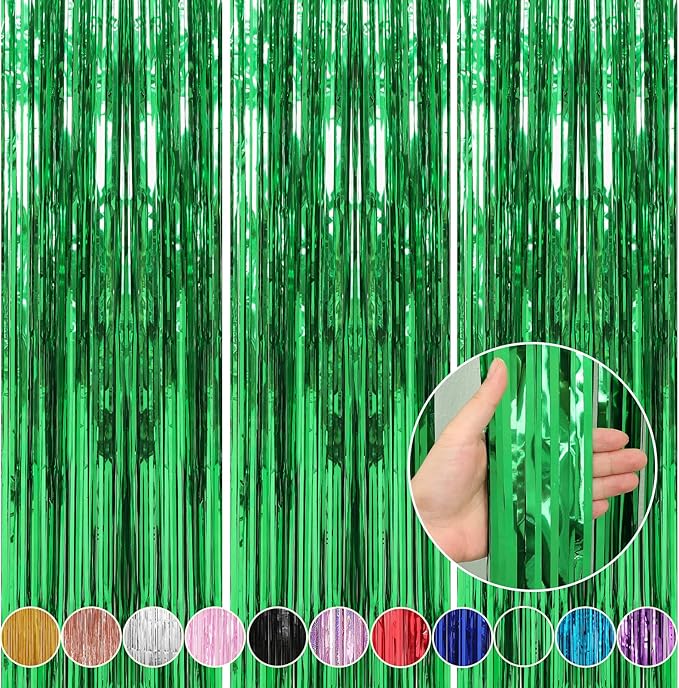 Crosize 3 Pack 3.3 x 9.9 ft Green Foil Fringe Backdrop Curtain, Streamer by Crosize