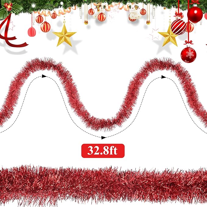 32.8 Ft Red Christmas Tinsel Garland Metallic Shiny Tassle Banner Wall Hanging - Image 2