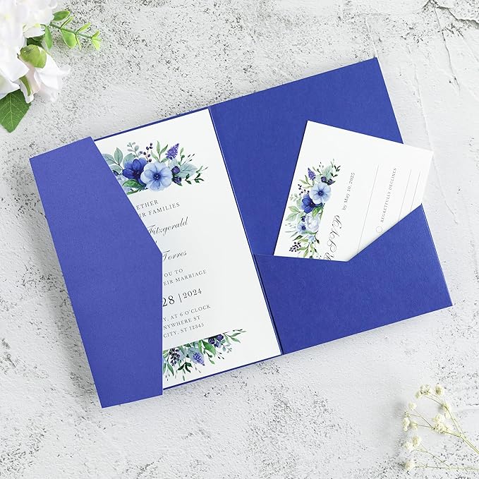 20 PCS Royal Blue Tri-fold Laser Cut Wedding Invitation Pockets by FEIYI