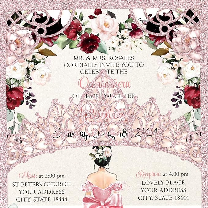 50Pcs Pink Crown Quinceanera Invitation Burgundy - Image 4