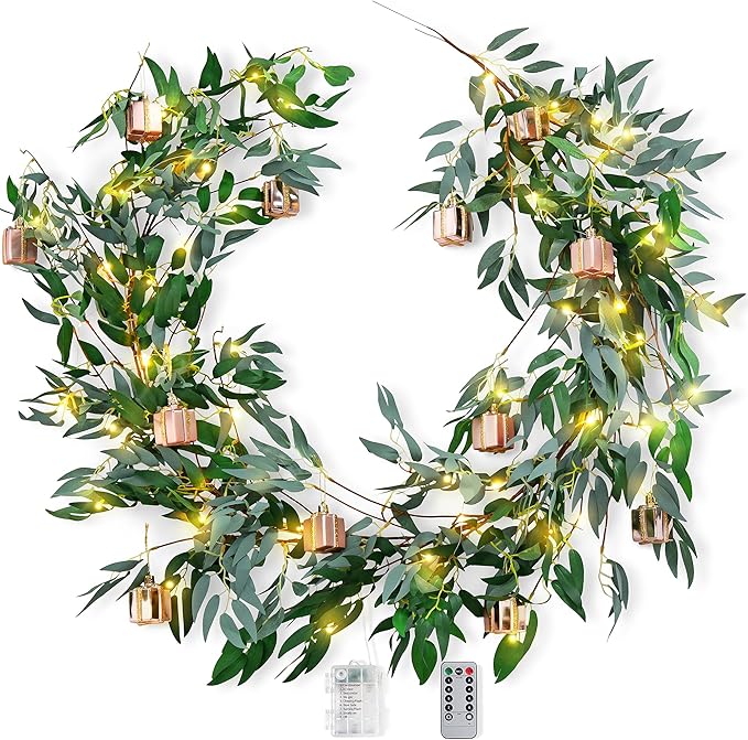 Artificial Willow Garland with Battery String Lights & Pink Gift Box Ornaments by FiveSeasonStuff