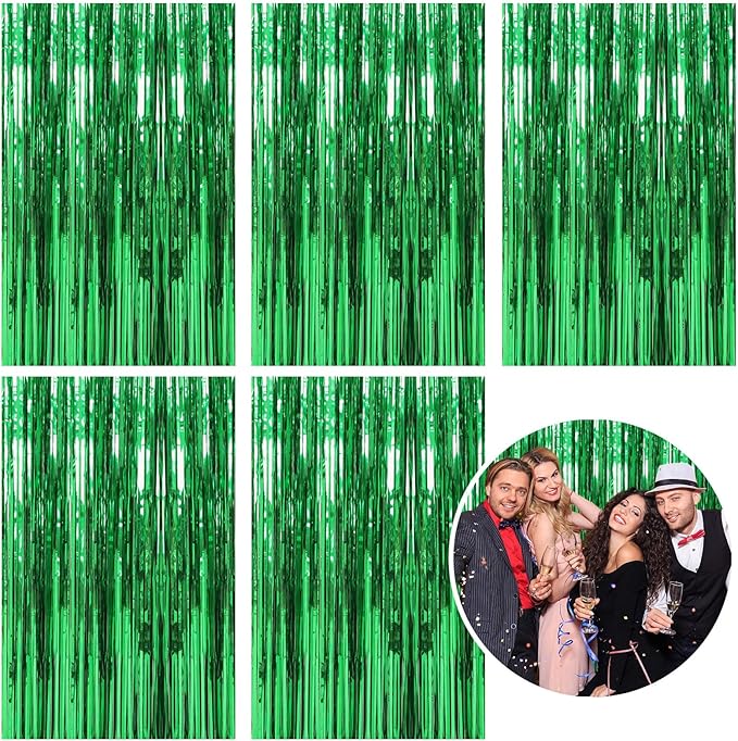5 Pack Foil Curtain Backdrop Green Metallic Tinsel Foil Fringe Curtains Photo by KEJ
