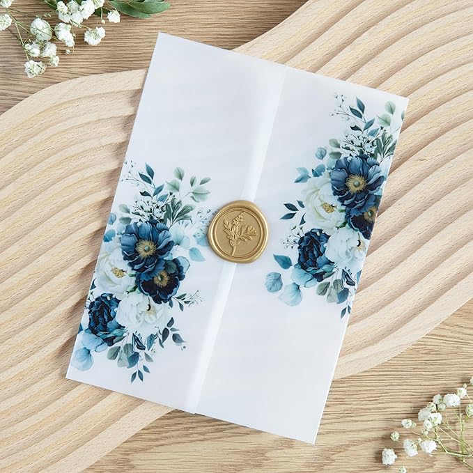 PONATIA 50PCS Vellum Jackets for 5x7 Invitation Cards- 135GSM Navy Blue Flowers - Image 4