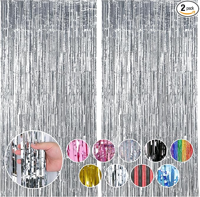 RUBFAC 2 Pack Silver Tinsel Backdrop Party Decorations Foil Fringe Curtains by RUBFAC