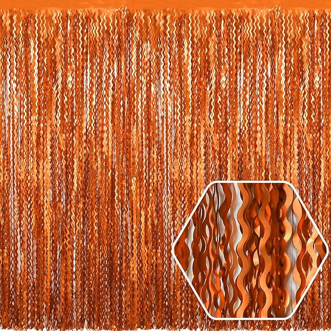 4 Pack Orange Wave Foil Fringe Curtain Backdrop, 3.28Ft x 8.2Ft Metallic Tinsel by Ferwzsr