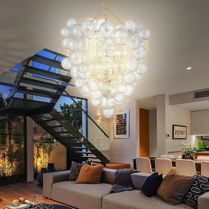 Mid Century Bubble Ball Swirled Glass Chandelier, 36 in. 2-Layer Cages Gild - Image 5