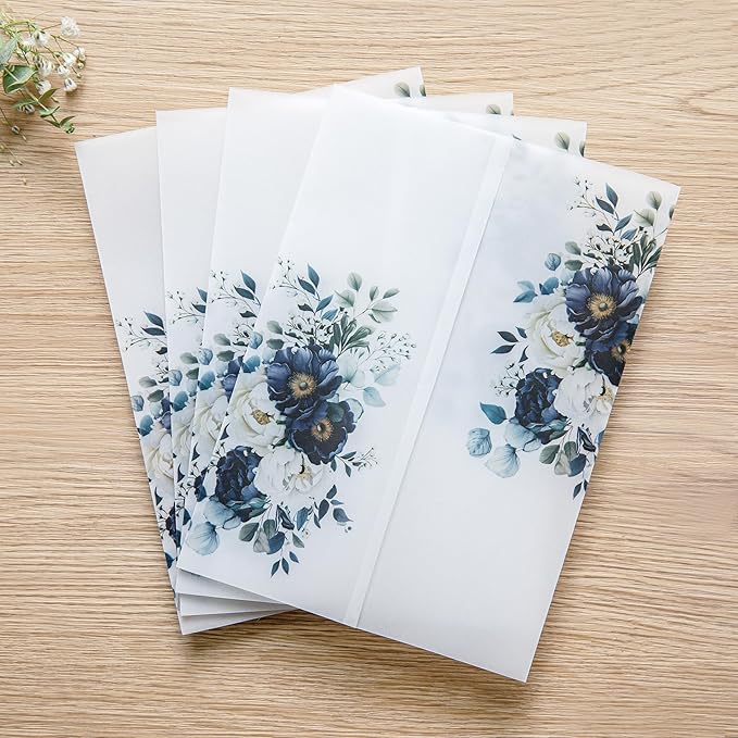 PONATIA 50PCS Vellum Jackets for 5x7 Invitation Cards- 135GSM Navy Blue Flowers - Image 2