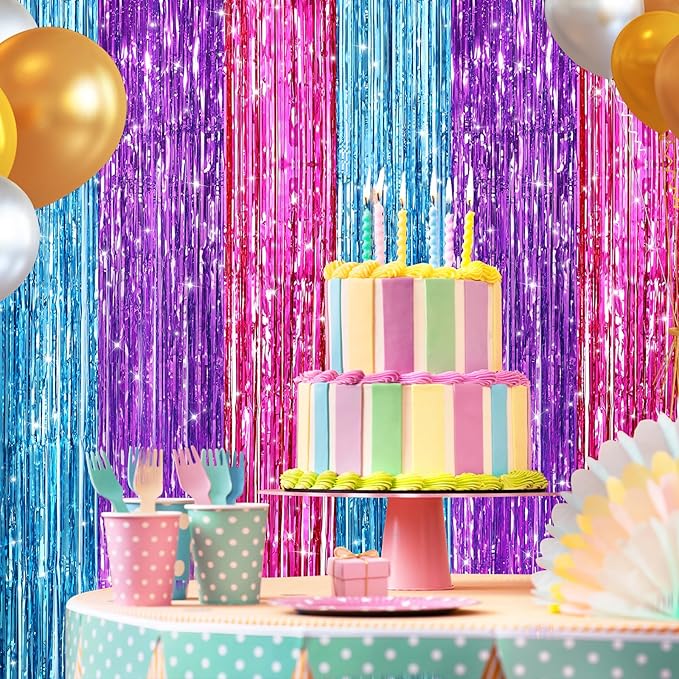 2 Pack Blue Purple Pink Metallic Tinsel Foil Fringe Curtains, Door Streamers - Image 6