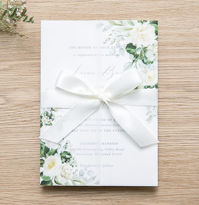 PONATIA 50 PCS Vellum Jackets for 5x7 Invitations- 135gsm White Floral Printed - Image 8