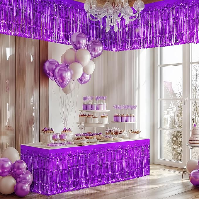 2 Pack Dark Purple Table Skirts, 29x108" Metallic Foil Tinsel Fringe Table - Image 7