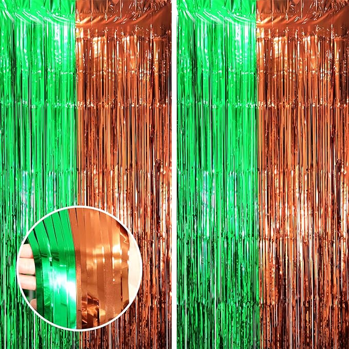 2 Pack Green and Brown Foil Fringe Backdrop Curtains, Tinsel Streamers Party by Voircoloria