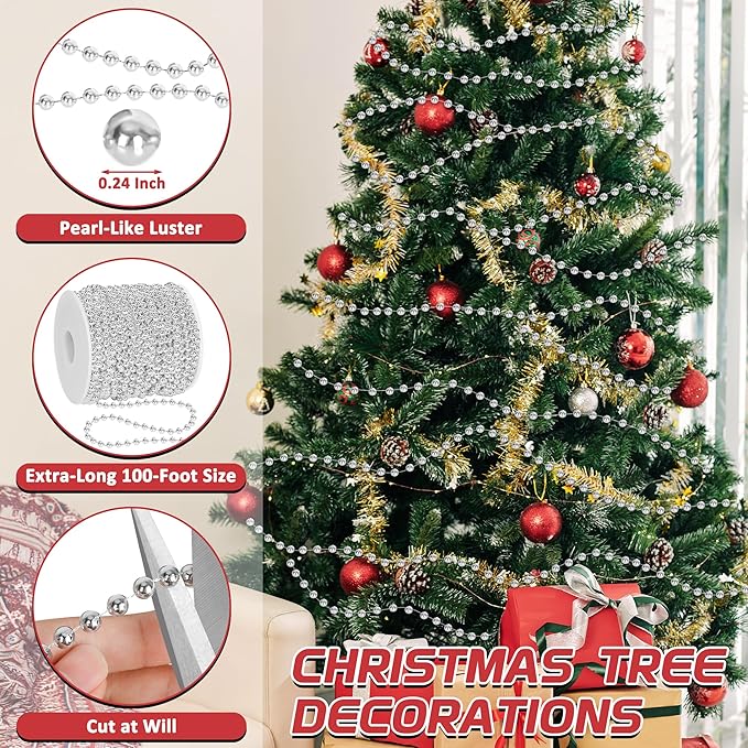 100 Feet Silver Christmas Tree Decor, Christmas Tree Garland Beads, Xmas Beads - Image 3