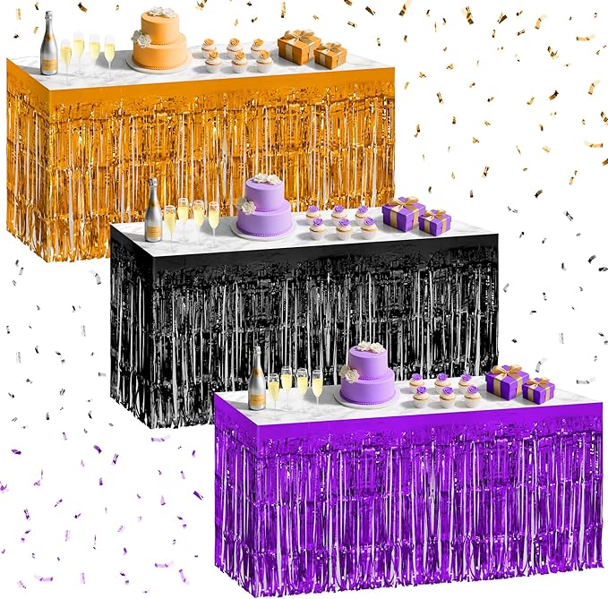 3 Pack Black Dark Purple Orange Table Skirts, 29x108" Metallic Foil Tinsel by Unknown