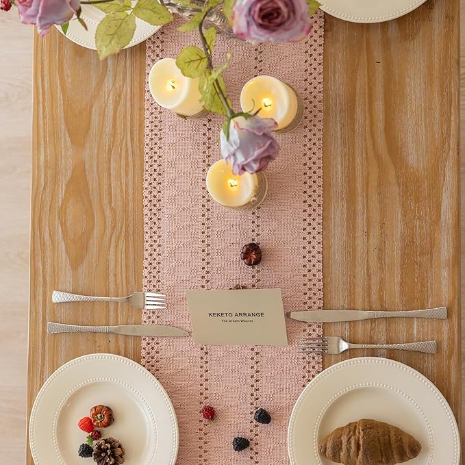 Boho Pink Table Runner for Home Decor 12x72 Inches Farmhouse Macrame Burlap - Image 4