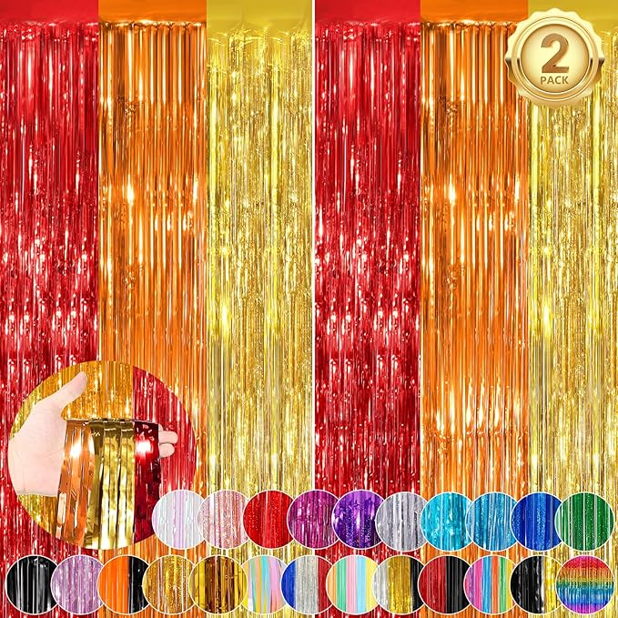 red orange gold Fringe Curtain Party Streamers 2Pack 3.3 x 8.3 Ft Foil Fringe by UWPVOWSR