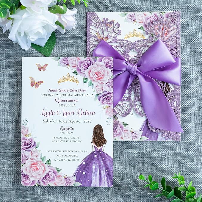 20 PCS 5.12x7.2 Butterfly Personalized Quinceanera Invitation, Customized XV by FEIYI
