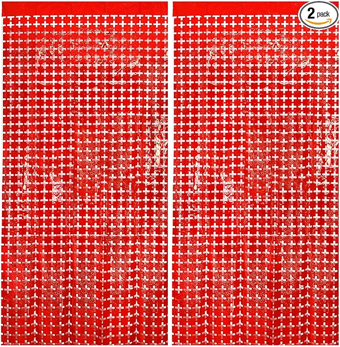 2 Pack Red Square Tinsel Party Backdrop Christmas Decorations Foil Fringe by AMONE