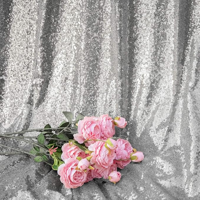 4FTx8FT Silver Sequin Backdrop Curtains 2 Panels Sparkly Background Drapes - Image 2