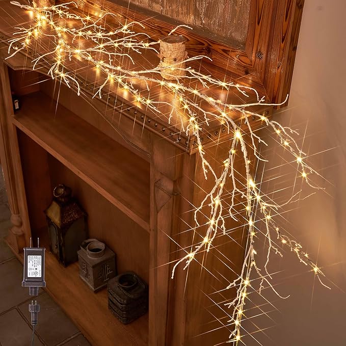 LITBLOOM Birch Garland with Lights 6FT 120 Fairy Lights Plug in, Lighted White by LITBLOOM