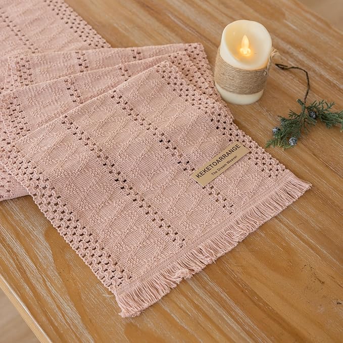 Boho Pink Table Runner for Home Decor 12x72 Inches Farmhouse Macrame Burlap by KEKETOARRANGE