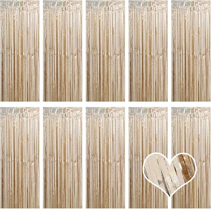 10 Pack Champagne Gold Backdrop Curtain 3.2ft x 8.2ft Metallic Tinsel Foil by Ohiyoo