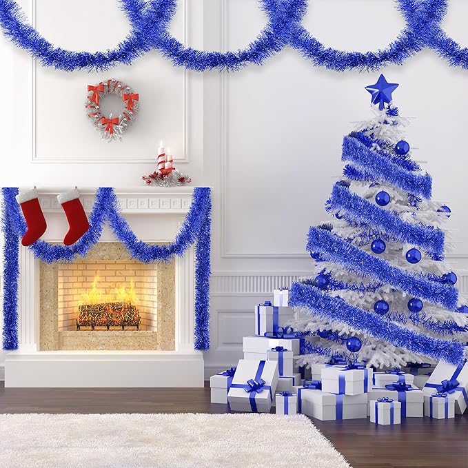 32.8 Ft Blue Christmas Tinsel Garland Metallic Shiny Tassle Banner Wall Hanging - Image 5