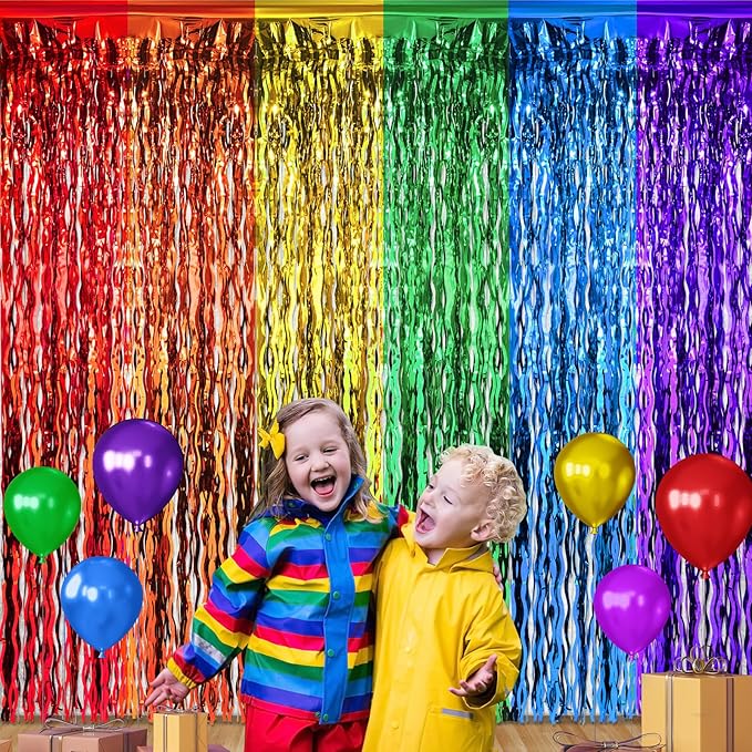 2 Pack 3.3X6.6Ft Rainbow Wavy Foil Fringe Curtains Backdrop Decorations by Zachely