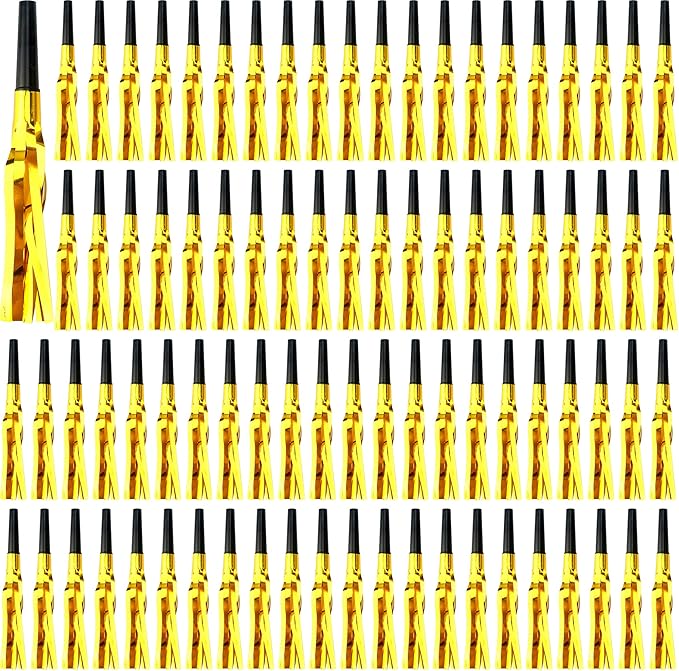 102 Pieces Glitter Gold Fringed Noise Maker Musical Blow Outs Musical Blowouts by Cagemoga