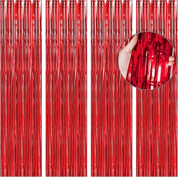 BTSD-home Red Foil Fringe Curtain, Metallic Photo Booth Backdrop Tinsel Door by BTSD-home