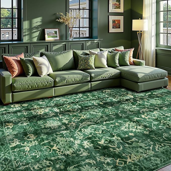 Dark Green Area Rugs 8x10 Rugs for Living Room, Traditional Washable Rugs for - Image 9