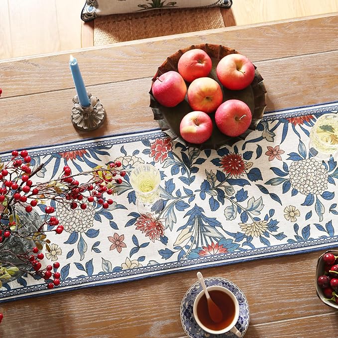 patdrea Designer Blue Cottage Rustic Floral Patterned Linen Table Runner 102 - Image 4