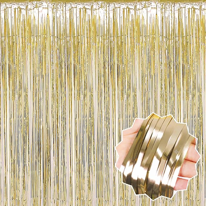 3 Pack Light Gold Foil Fringe Curtains Backdrop, 3.28 x 9.8 Ft Metallic by LANTIANCHEN