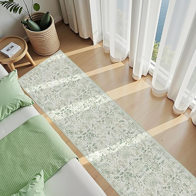 Green 3x12 Runner Rug for Hallways Bed Side Kitchen, Boho Washable Distressed - Image 4