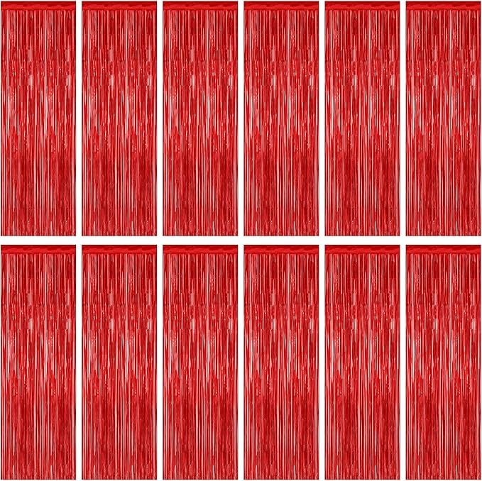 12 Pack Red Curtains, 3.28 FT x 7.05 FT Party Streamer, Metallic Party Backdrop by ZATAYE