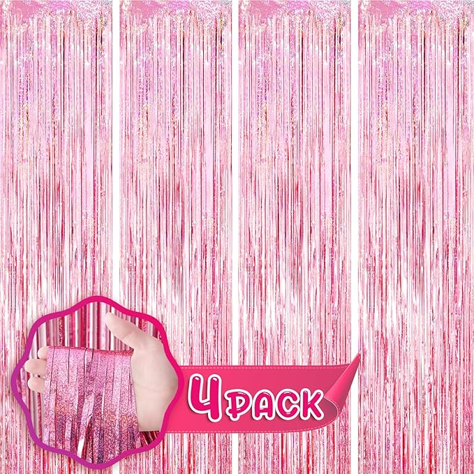 4 Pack 3.3x8.2 Feet Laser Pink Foil Fringe Backdrop Curtains, Tinsel Streamers by Voircoloria