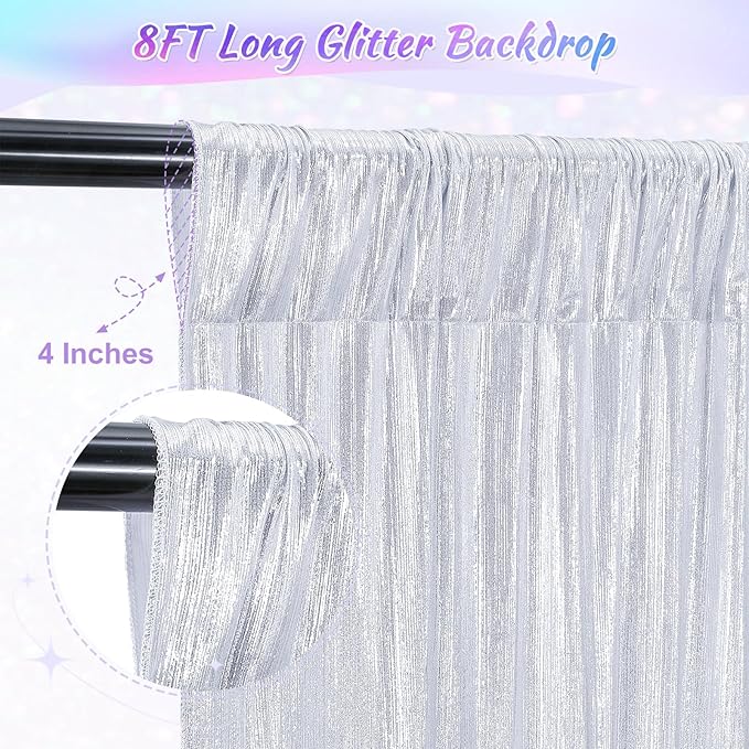 Silver Photo Backdrop 2 Panels 4.8x8FT Long Backdrop Drapes Curatin Glitter - Image 4