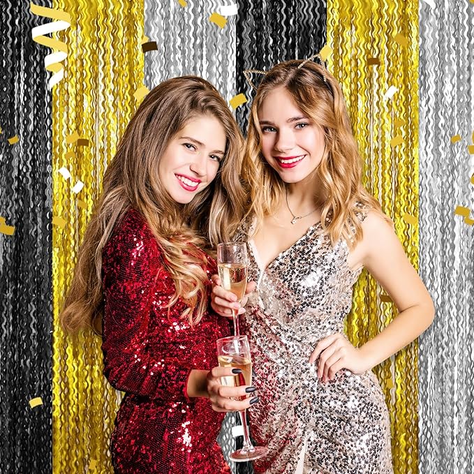 4 Pack Black Gold Silver Wave Foil Fringe Curtain Backdrop, 3.28Ft x 8.2Ft - Image 4