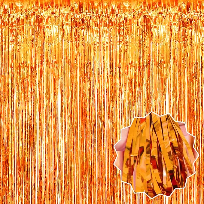 6 Pack Orange Foil Fringe Curtains Backdrop, 3.28 x 8.2 Ft Metallic Streamers by LANTIANCHEN