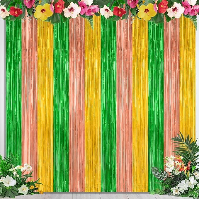 4 Pack Hawaiian Party Decorations, 3.28 FT x 7.05 FT Hawaii Tinsel Backdrop by ZATAYE