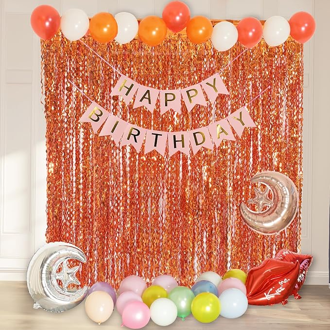 4 Pack Orange Wavy Metallic Tinsel Foil Fringe Curtains | 3.3 ft x 6.6 ft Party - Image 6