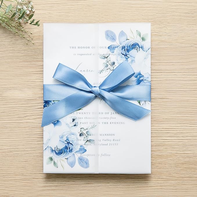 PONATIA 50PCS Vellum Jackets for 5x7 Invitation Cards- 135GSM Light Blue Floral - Image 6