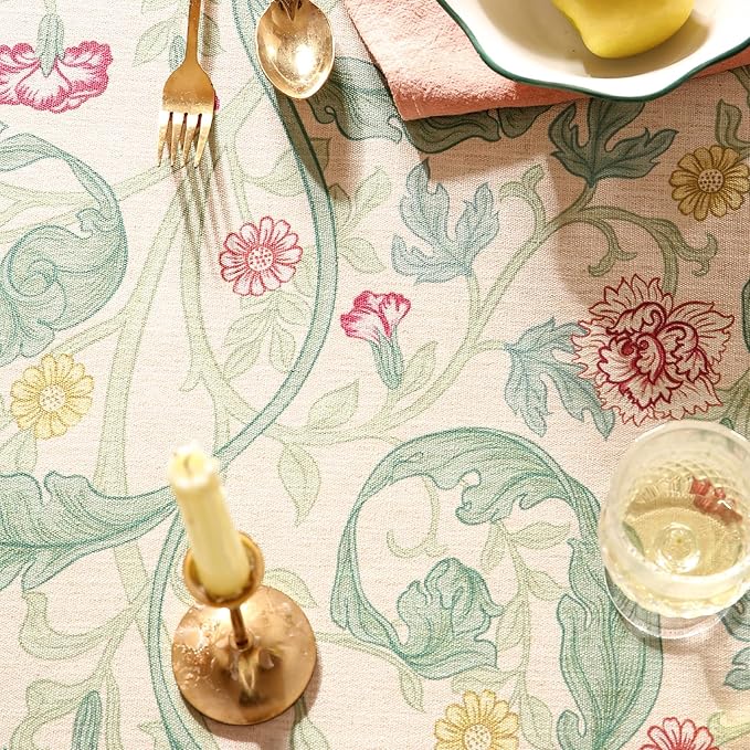 patdrea Designer Vintage Green Round Tablecloth, Linen Leaves Floral Pattern - Image 3