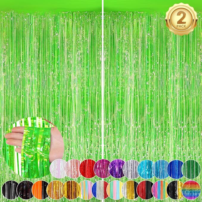 2Pack 3.3 x 8.3Ft Neon Green Foil Fringe Backdrop Curtains, Gender Reveal Disco by UWPVOWSR