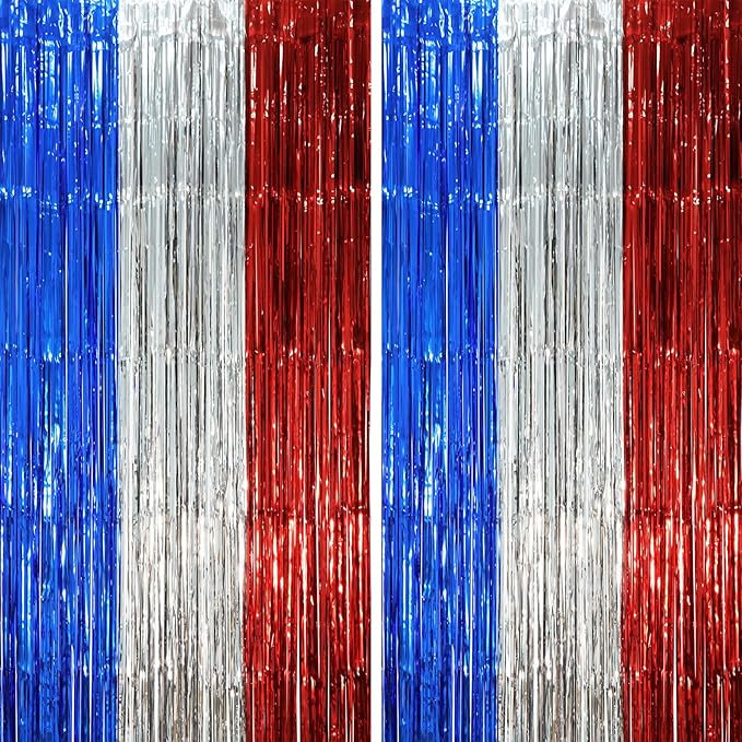 2 Pack Blue Red Silver Foil Fringe Backdrop Curtains, Tinsel Streamers Party by Voircoloria