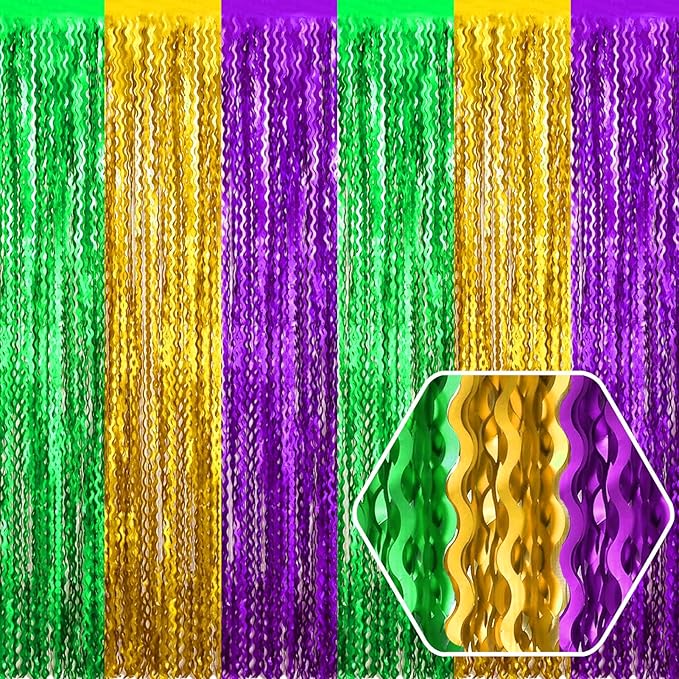 4 Pack Gold Green Purple Wave Foil Fringe Curtain Backdrop, 3.28Ft x 8.2Ft by Ferwzsr