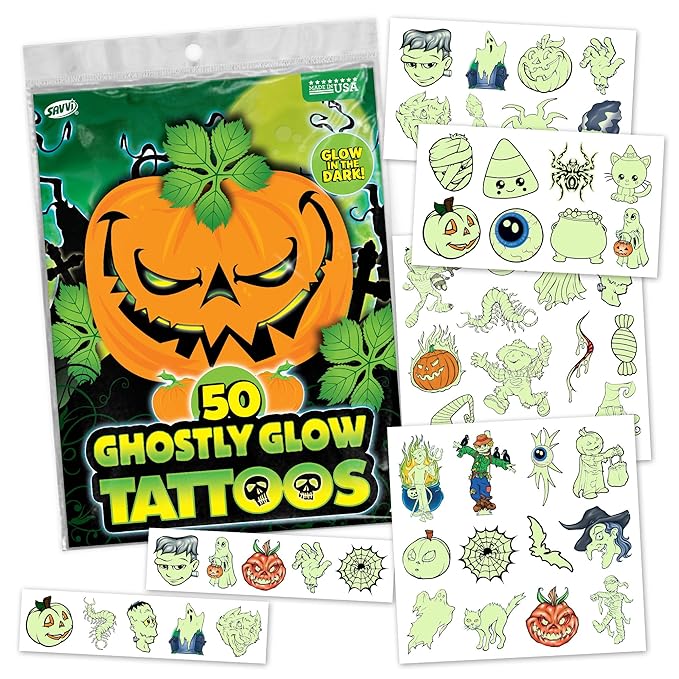 Glow in the Dark Ghost Temporary Tattoos – 50 Pack Halloween Tattoos by Savvi