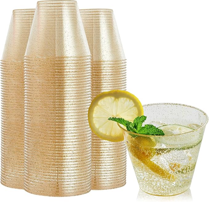 FOCUSLINE 9 oz Gold Plastic Cups, Disposable Clear Fancy Hard Plastic Cups by FOCUSLINE