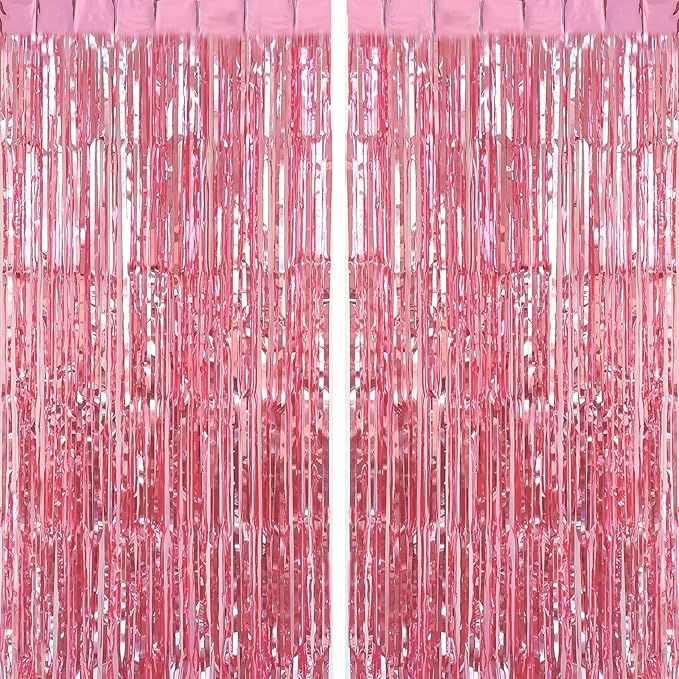 CHRORINE 2pcs 3ft x 8.3ft Pink Tinsel Foil Fringe Curtains Streamers Backdrop by CHRORINE