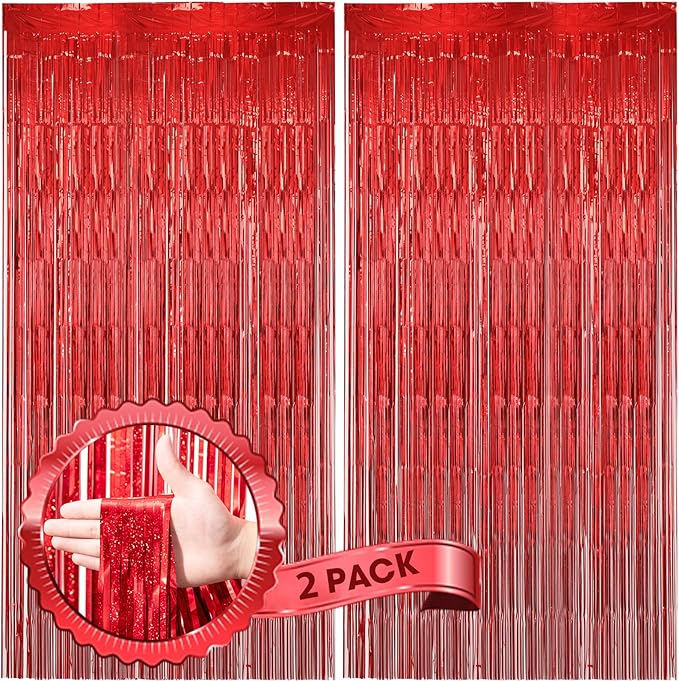 2 Pack Laser Red Foil Fringe Backdrop Curtains, Tinsel Streamers Birthday Party by Voircoloria